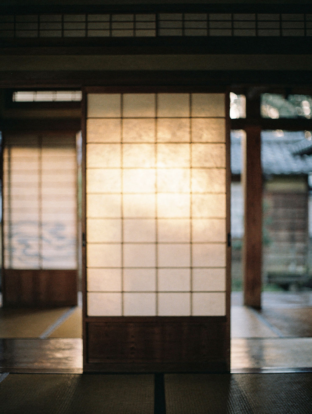 Dawn light glowing through a shoji lattice.