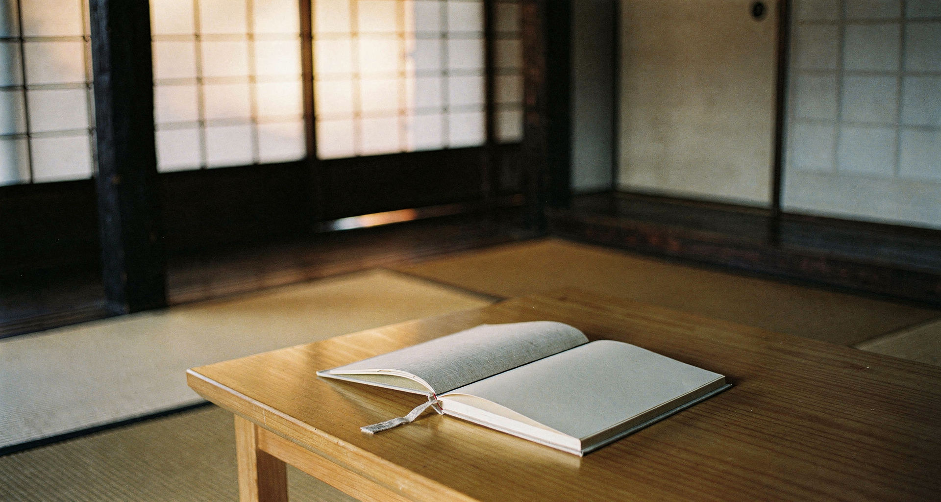 A clothbound book open on a cedar desk in window light.