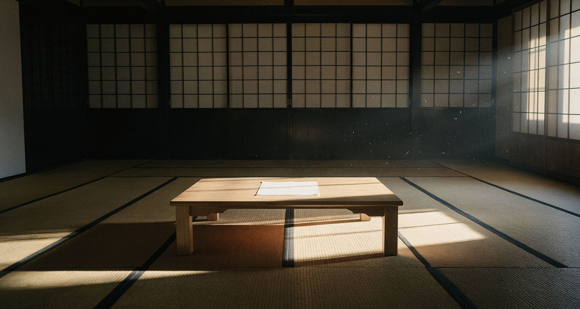 An empty tatami room at dawn, a blank sheet of paper on a low table in a shaft of morning light.